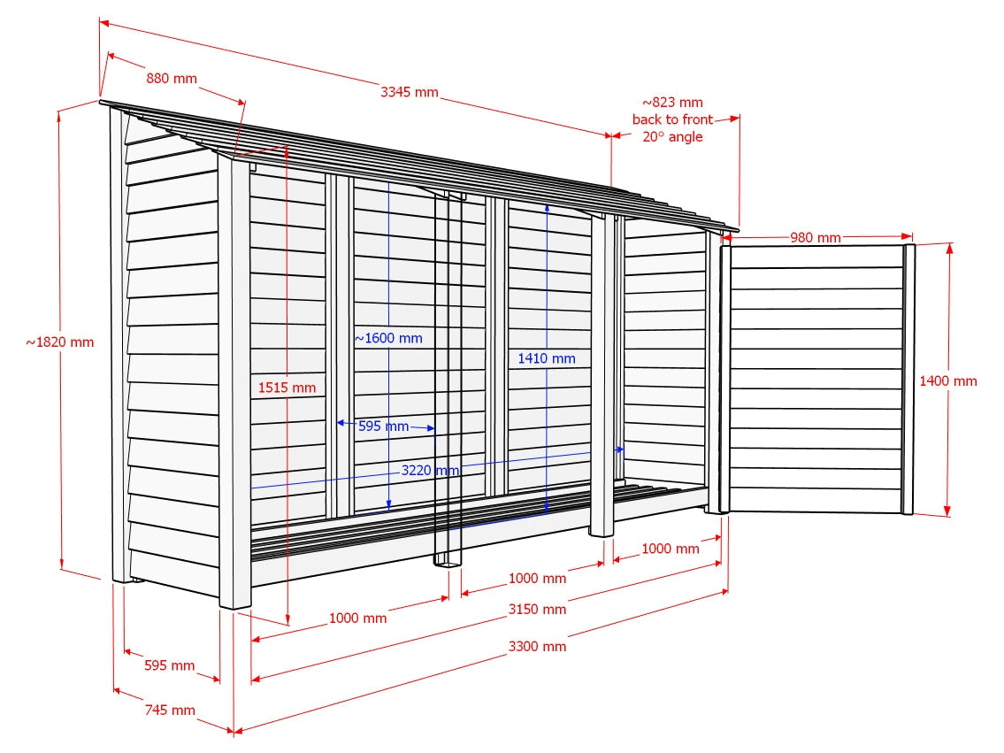 Slatted Wooden Log Store with Shelf W-335cm, H-126cm or 180cm, D-88cm - Brown Finish