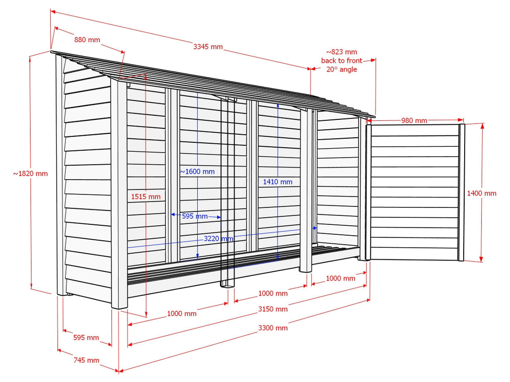 Slatted Wooden Log Store with Doors W-335cm, H-126cm or 180cm, D-88cm
