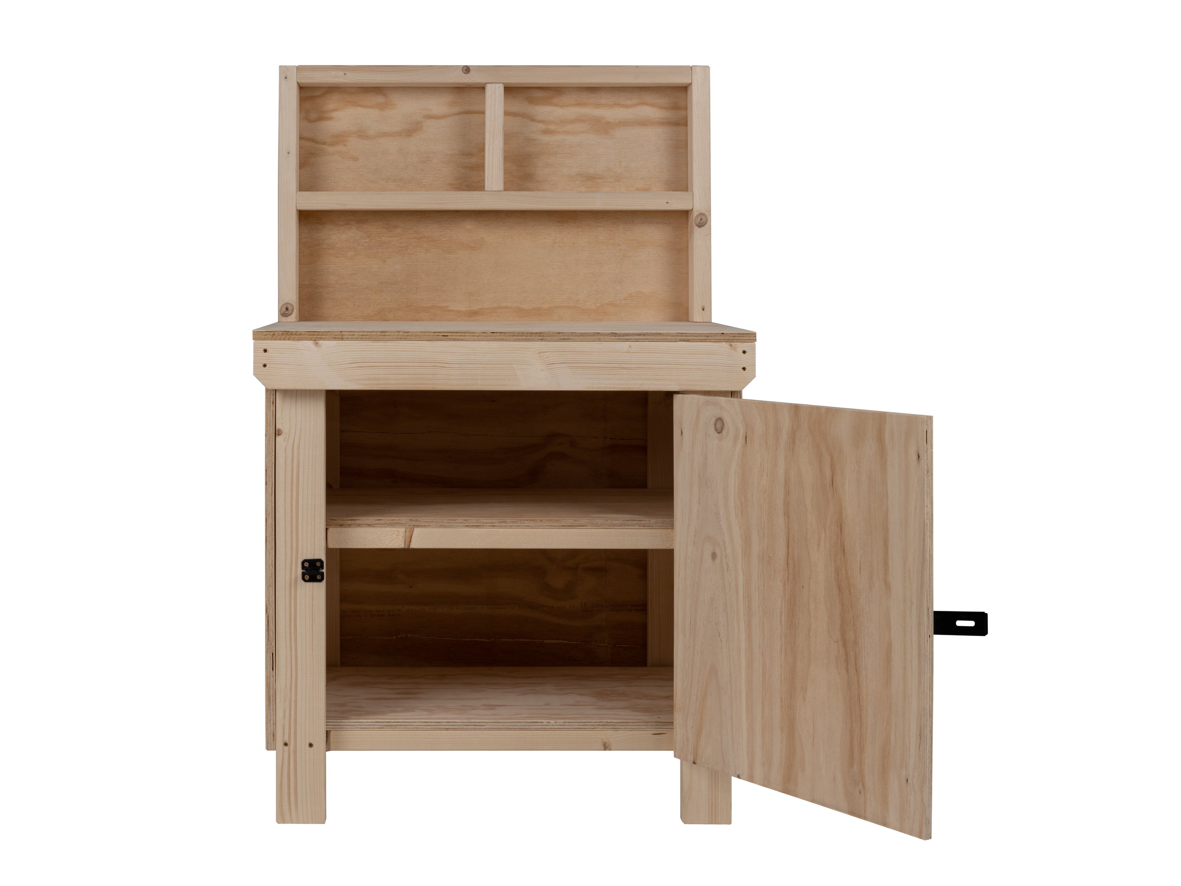 Wooden Plywood Top Workbench With Lockable Cupboard (V.9) With back panel, Double Shelf