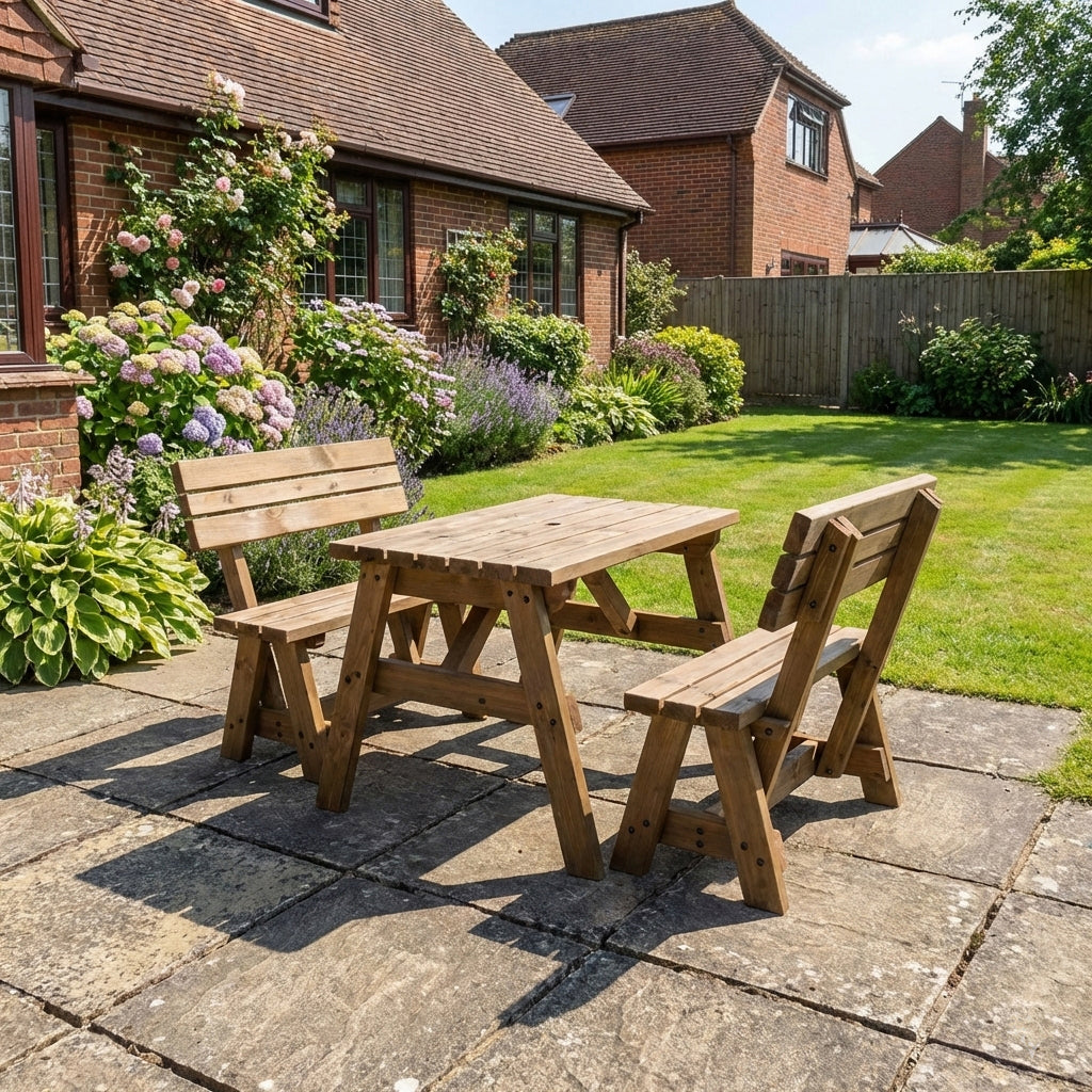 Victoria Picnic Table and Benches Set With Backrest - Rustic Finish