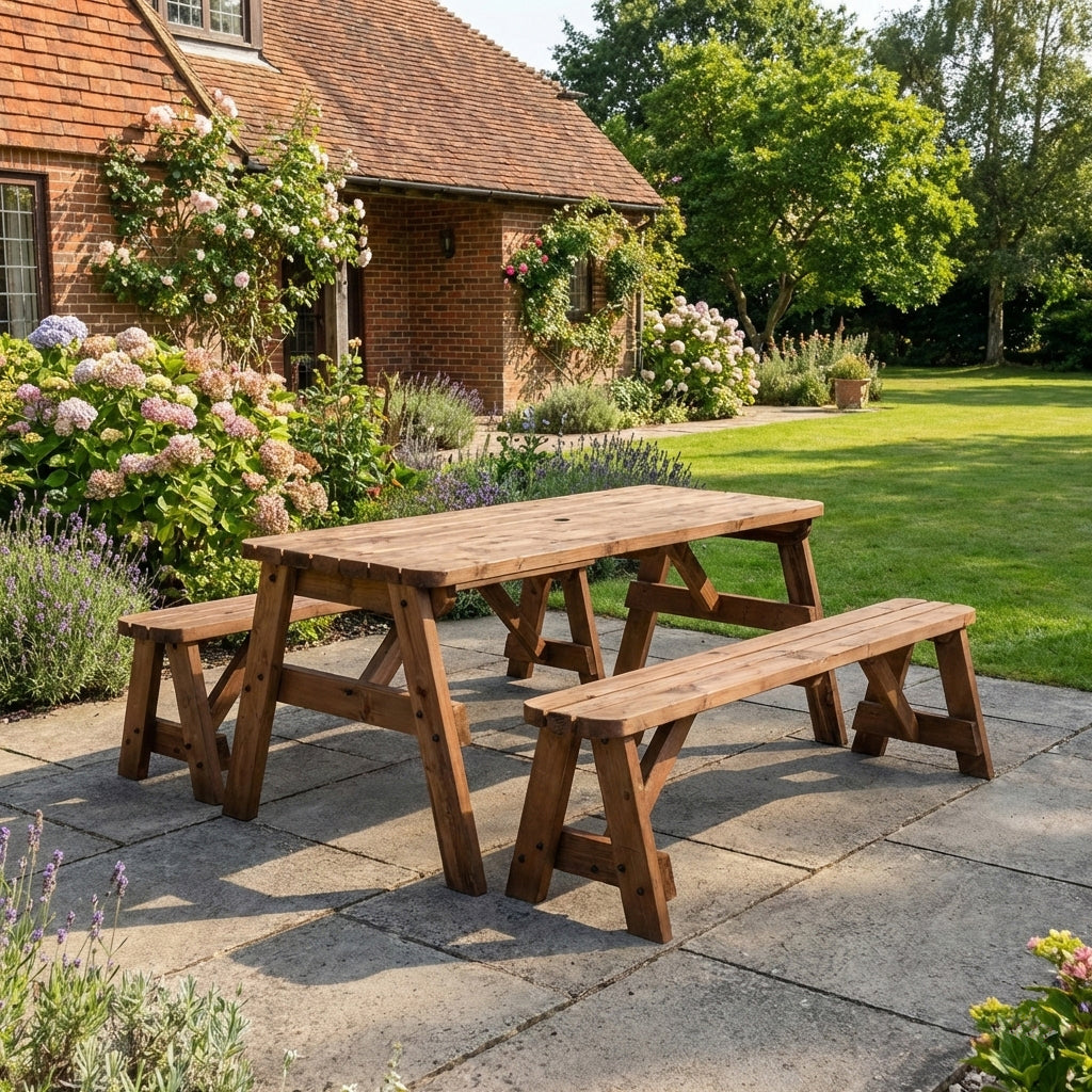 Victoria Rounded Picnic Table and Benches Set - Rustic Finish