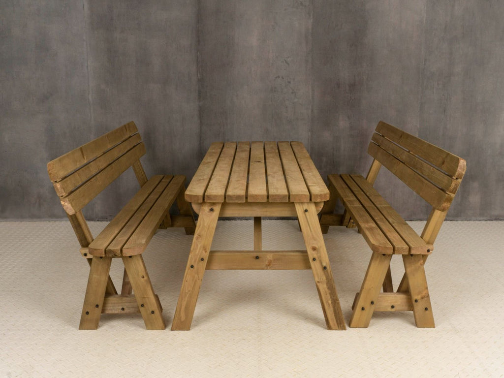 Victoria Rounded Picnic Table and Benches Set With Backrest - Rustic Finish