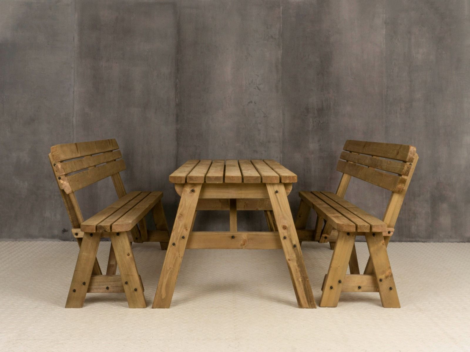 Victoria Rounded Picnic Table and Benches Set With Backrest - Rustic Finish