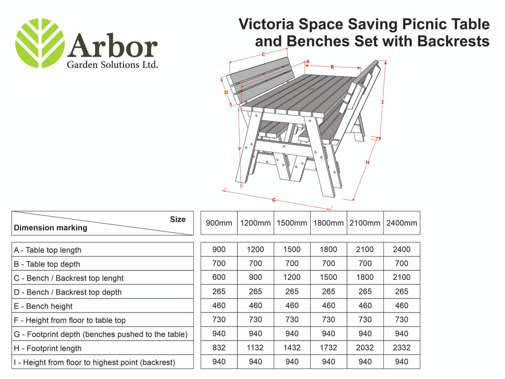 Victoria Space Saving Picnic Table and Benches Set With Backrest - Rustic Finish