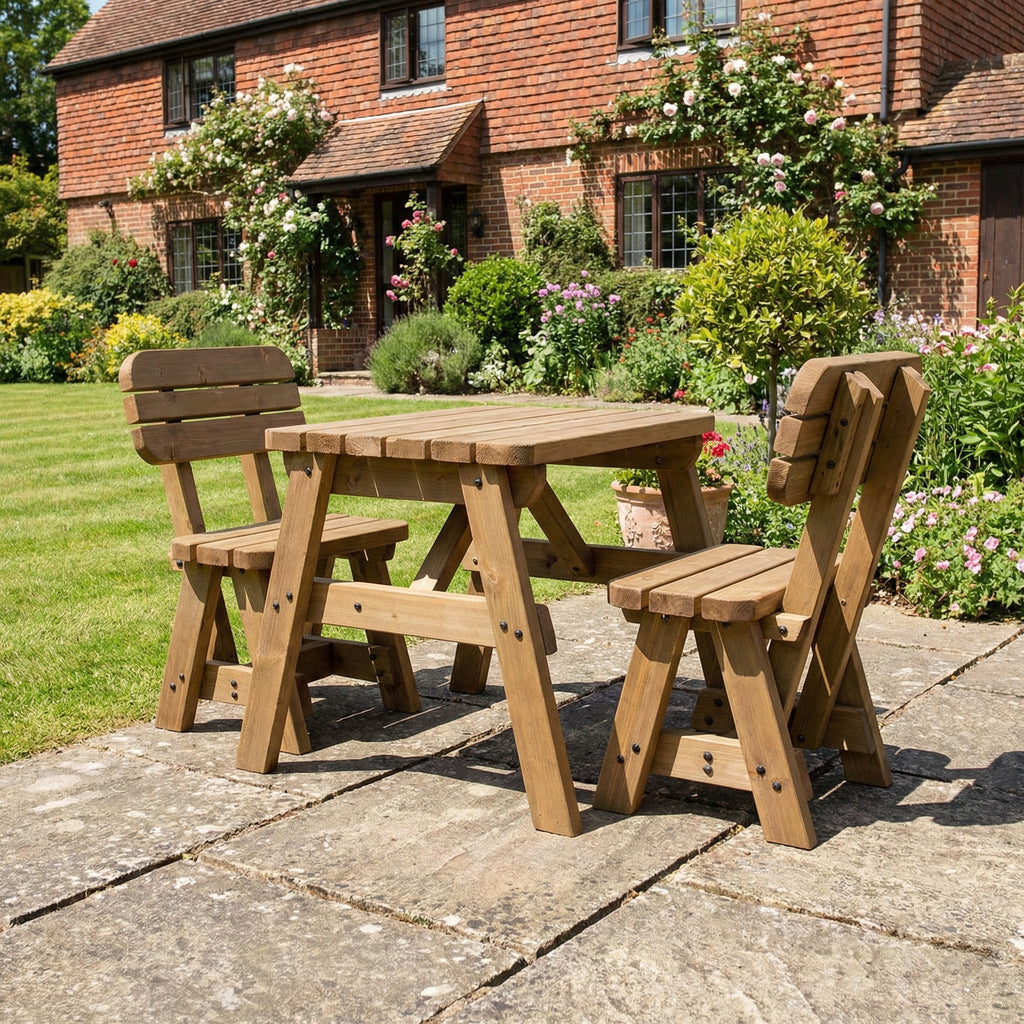 Victoria Space Saving Rounded Picnic Table and Bench Set With Backrest - Rustic Finish
