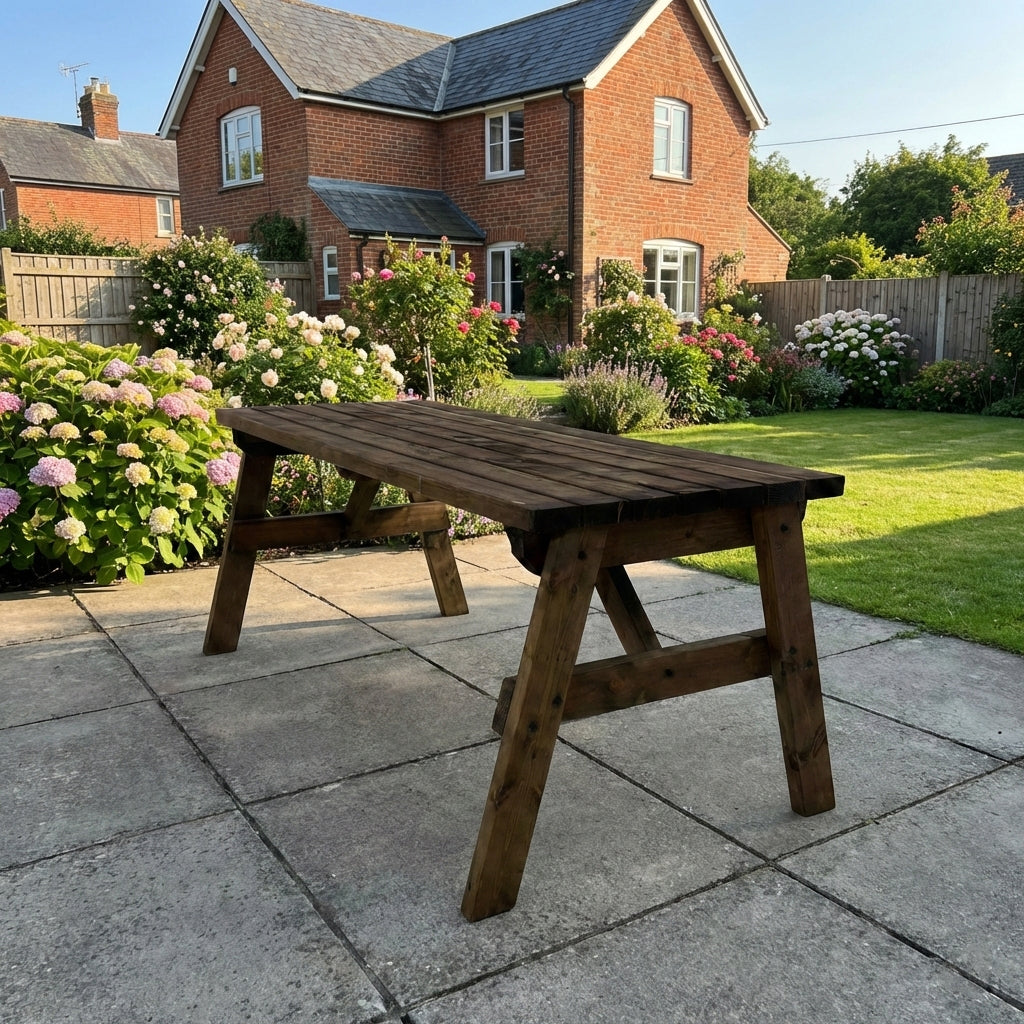 Victoria Wooden Garden Table, Outdoor Picnic Dining Desk - Rustic Finish