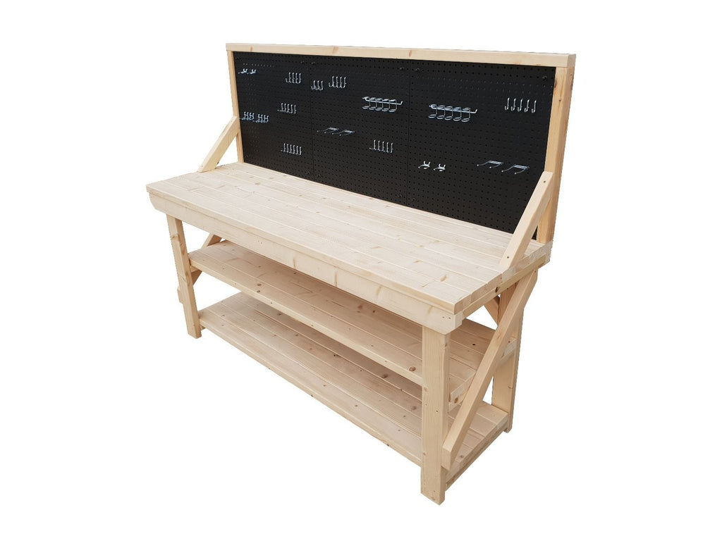 Wooden Kiln-dry Workbench With Peg Board with Double Shelf