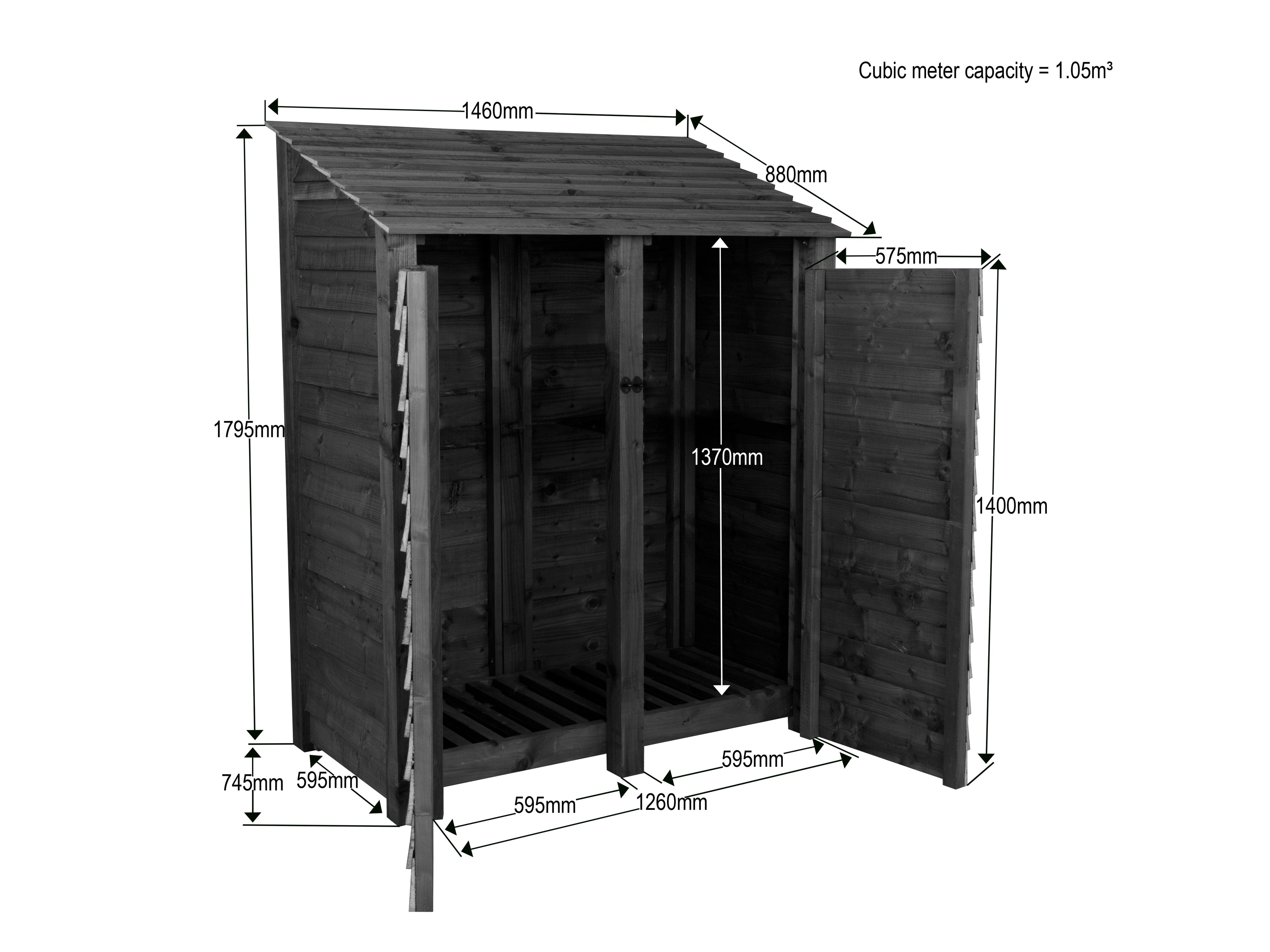 Slatted Wooden Log Store with Door W-146cm, H-126cm or 180cm, D-88cm - Brown Finish