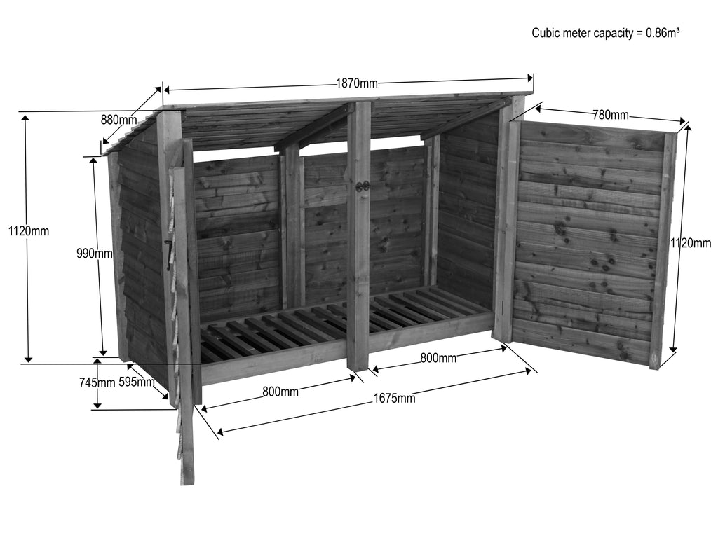 Wooden Log Store (Roof Sloping Back) with Doors W-187cm, H-126cm or 180cm, D-88cm