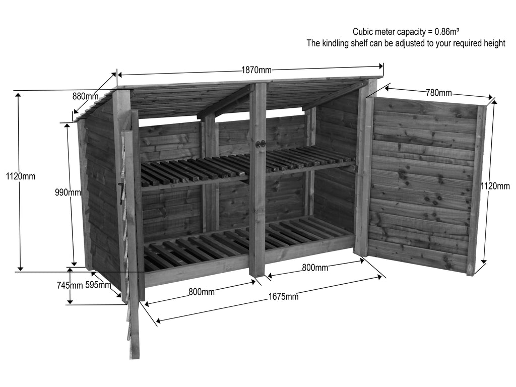 Wooden Garden Tool Storage (Roof Sloping Back) with Shelf W-187cm, H-126cm or 180cm, D-88cm - Brown Finish