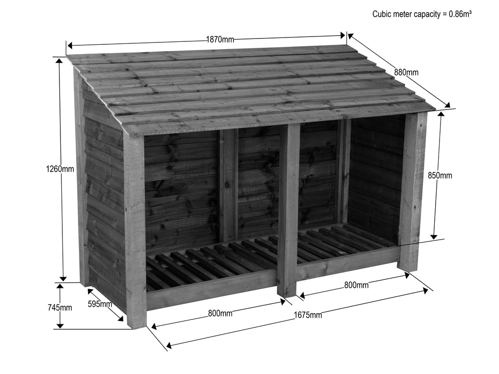 Slatted Wooden Log Store with Shelf W-187cm, H-126cm or 180cm, D-88cm - Brown Finish