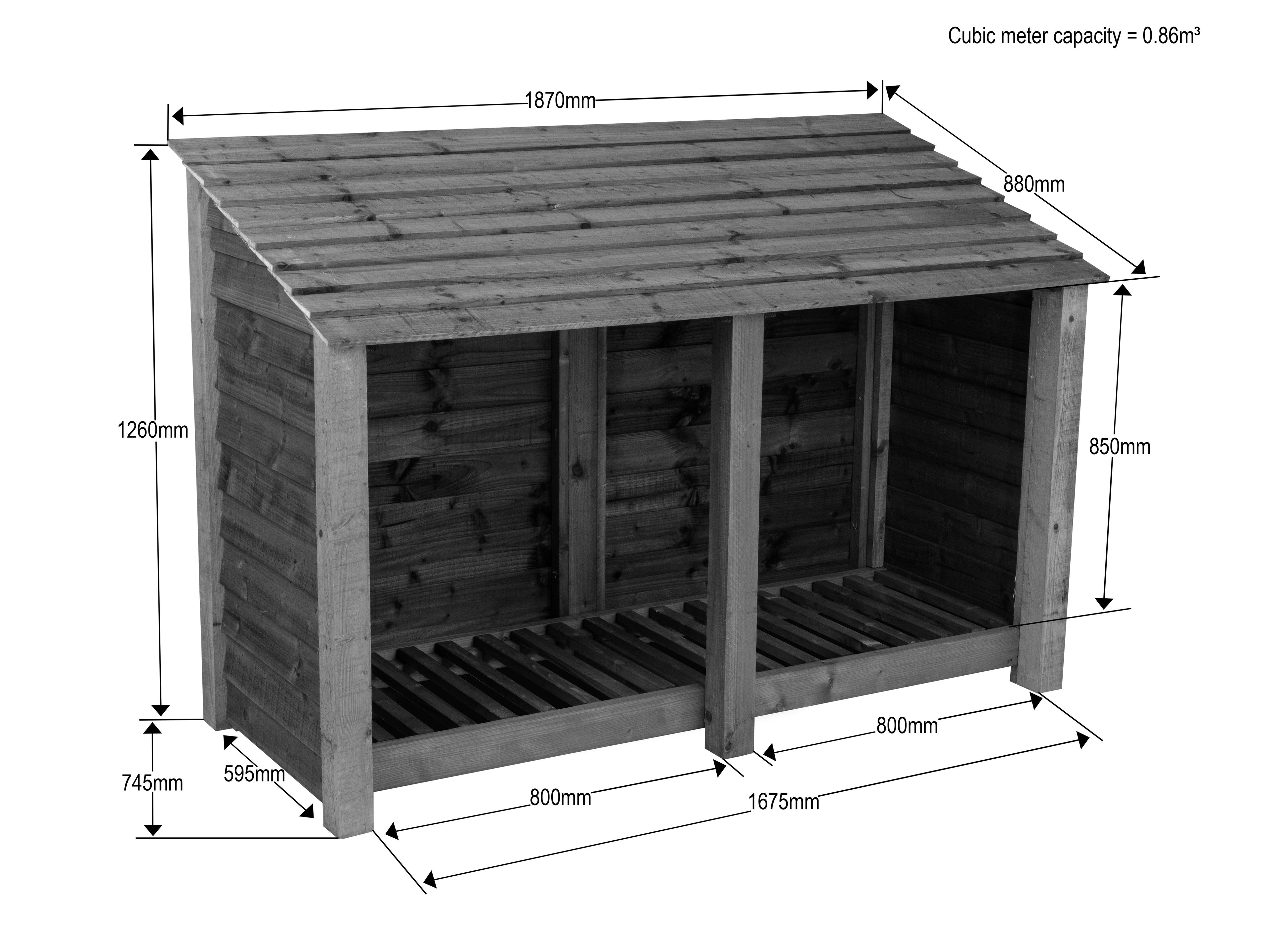 Slatted Wooden Log Store with Shelf W-187cm, H-126cm or 180cm, D-88cm - Brown Finish