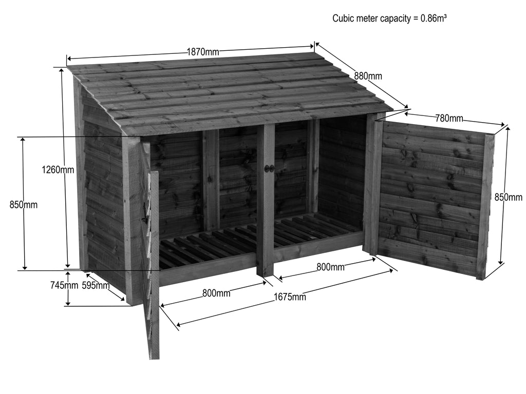Wooden Log Store with Doors W-187cm, H-126cm or 180cm, D-88cm - Brown Finish