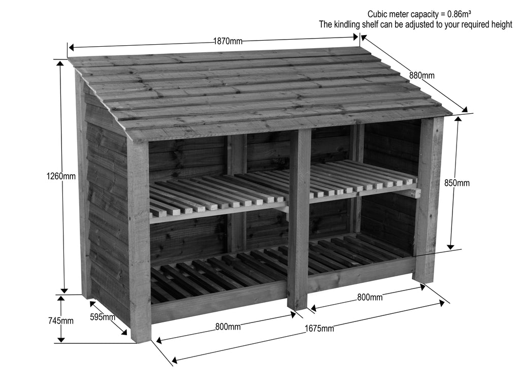 Wooden Log Store with Shelf W-187cm, H-126cm or 180cm, D-88cm - Brown Finish