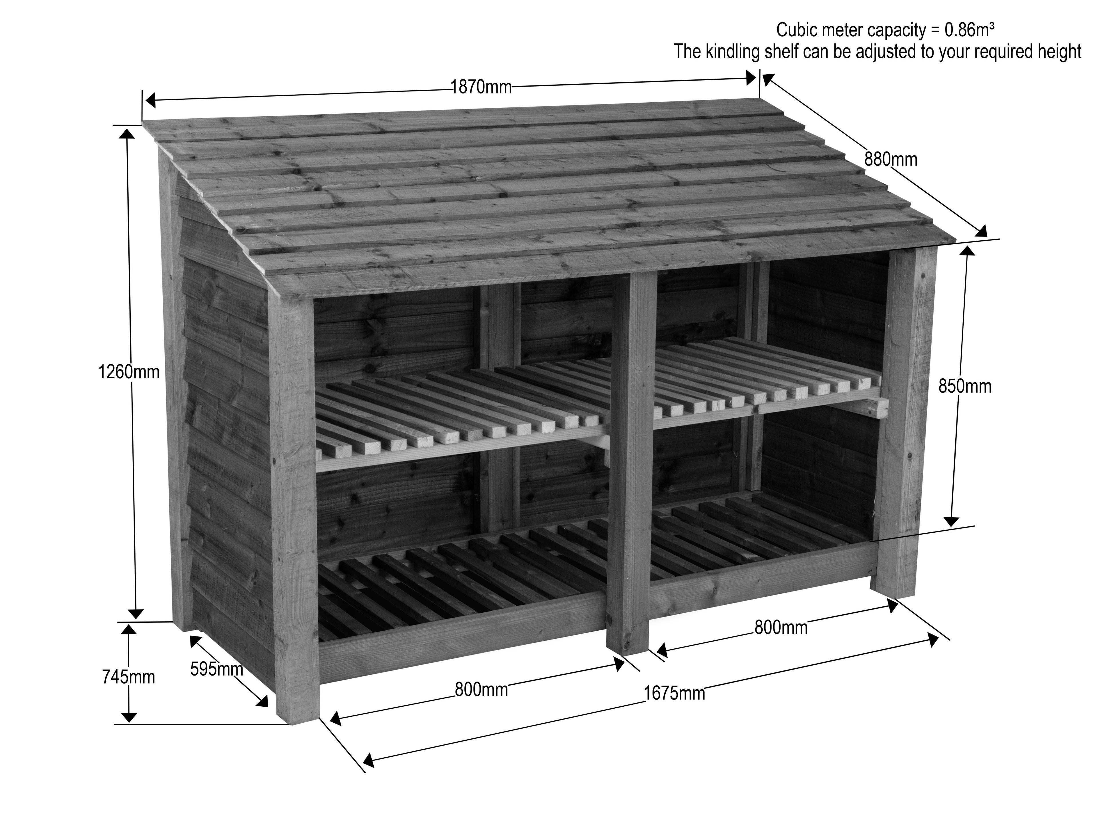 Wooden Log Store with Shelf W-187cm, H-126cm or 180cm, D-88cm - Brown Finish