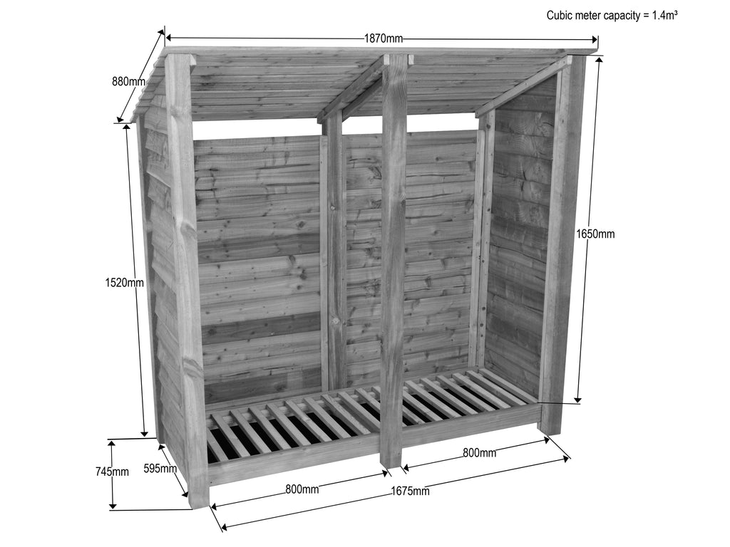 Wooden Log Store (Roof Sloping Back) W-187cm, H-126cm or 180cm, D-88cm
