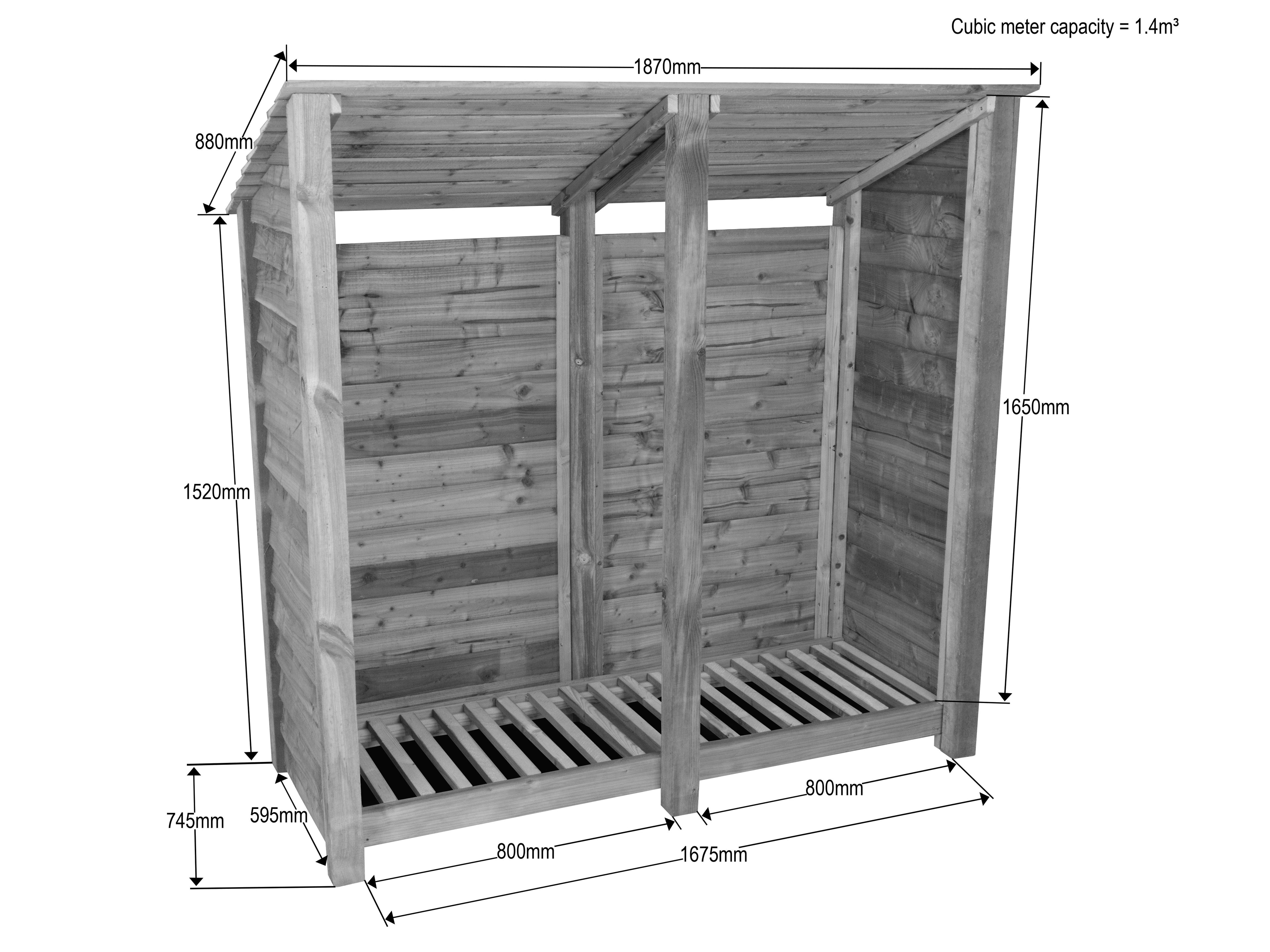 Wooden Log Store (Roof Sloping Back) W-187cm, H-126cm or 180cm, D-88cm