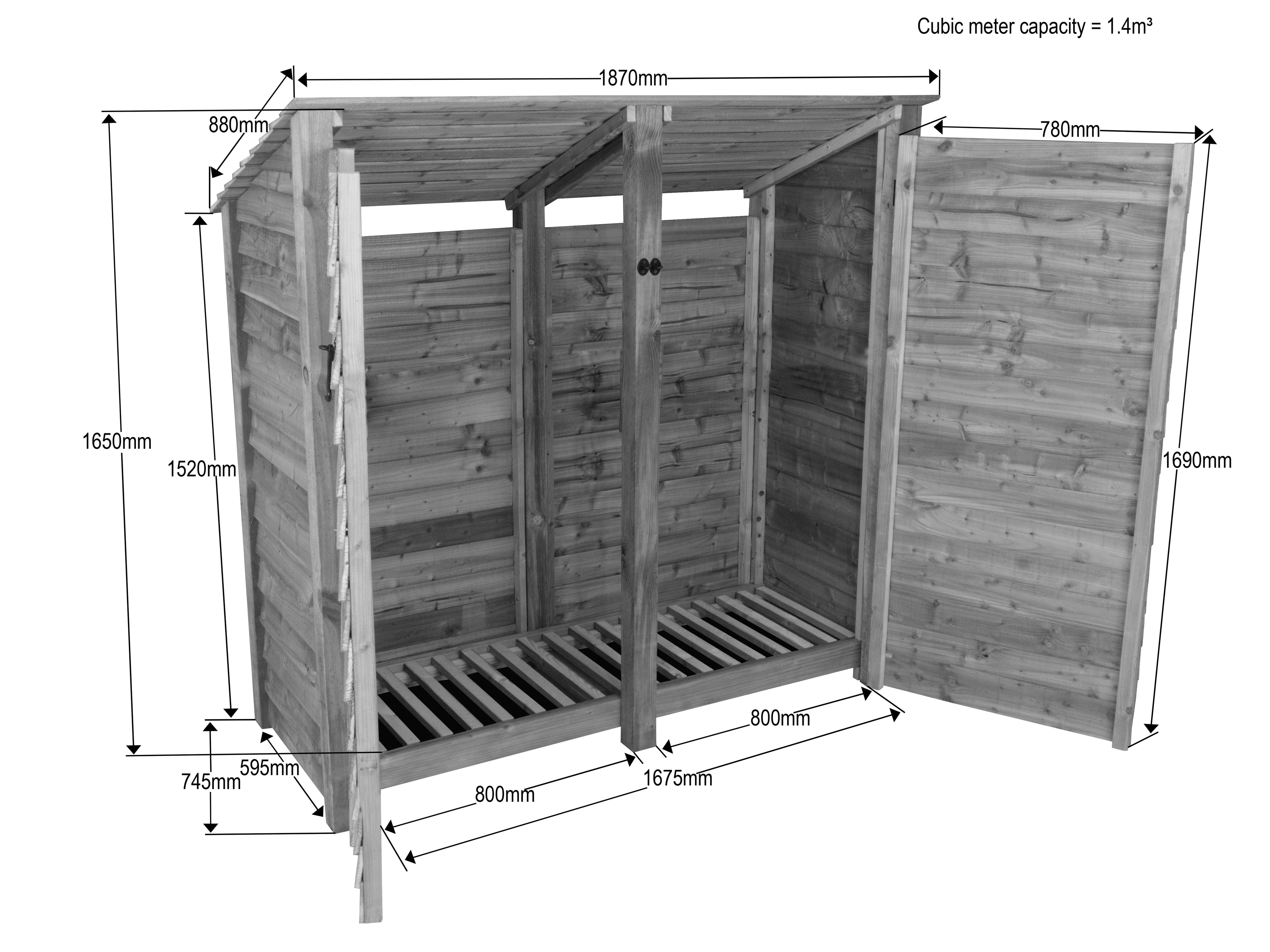 Wooden Log Store (Roof Sloping Back) with Doors W-187cm, H-126cm or 180cm, D-88cm - Brown Finish