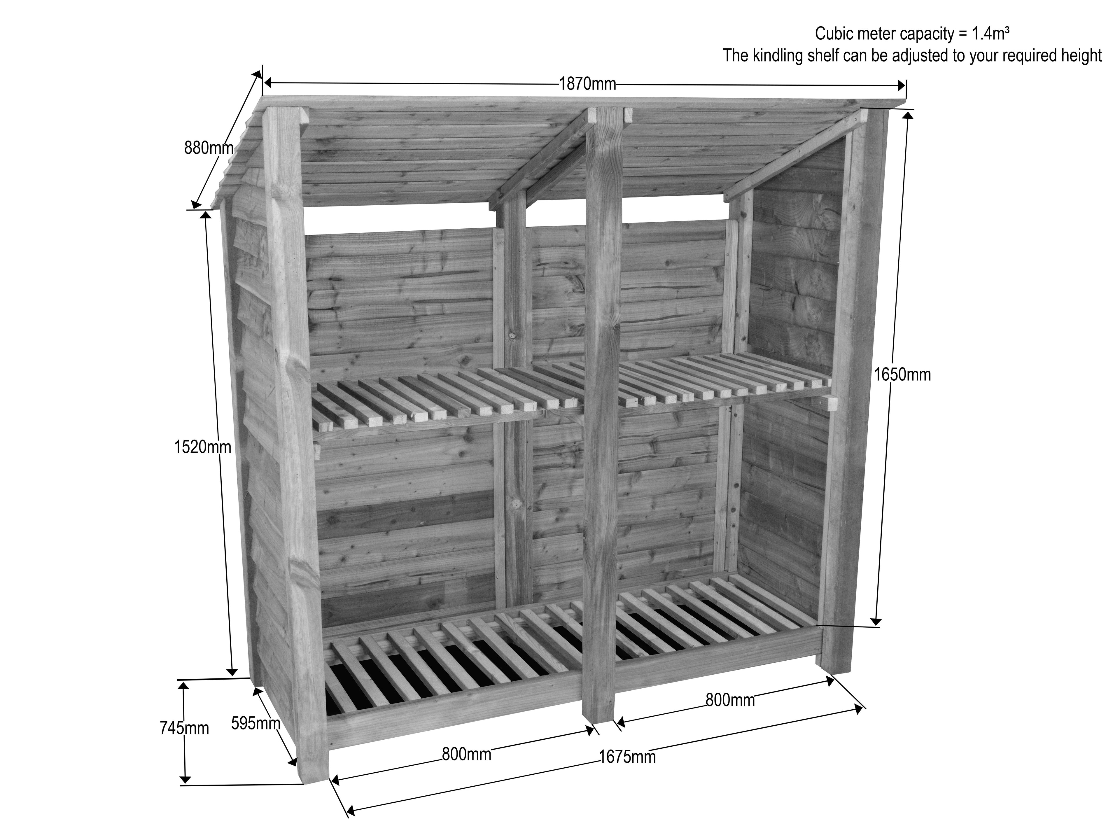 Wooden Log Store (Roof Sloping Back) with Shelf W-187cm, H-126cm or 180cm, D-88cm
