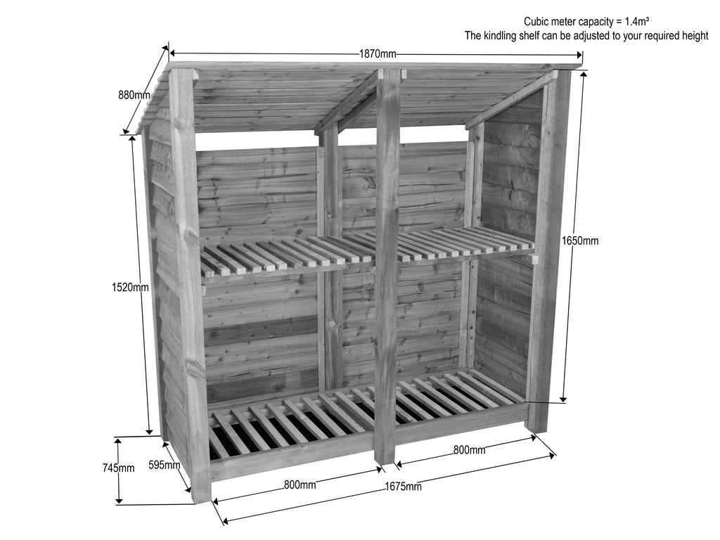 Wooden Log Store (Roof Sloping Back) with Shelf W-187cm, H-126cm or 180cm, D-88cm - Brown Finish
