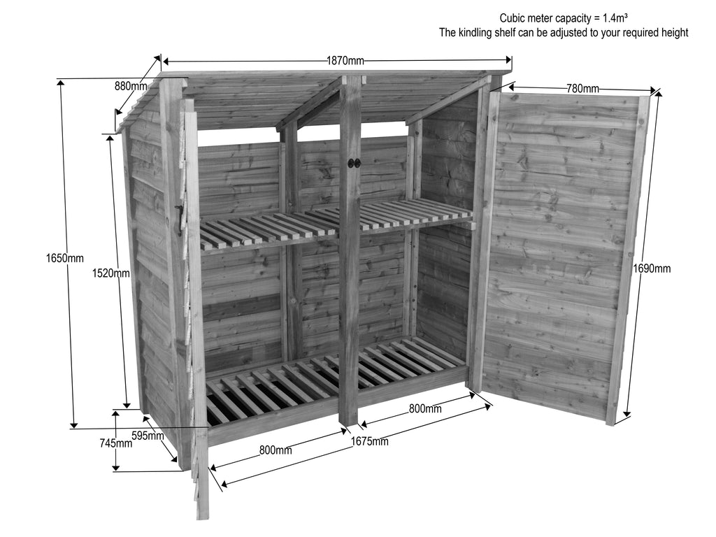 Wooden Log Store (Roof Sloping Back) with Doors and Shelf W-187cm, H-126cm or 180cm, D-88cm - Brown Finish