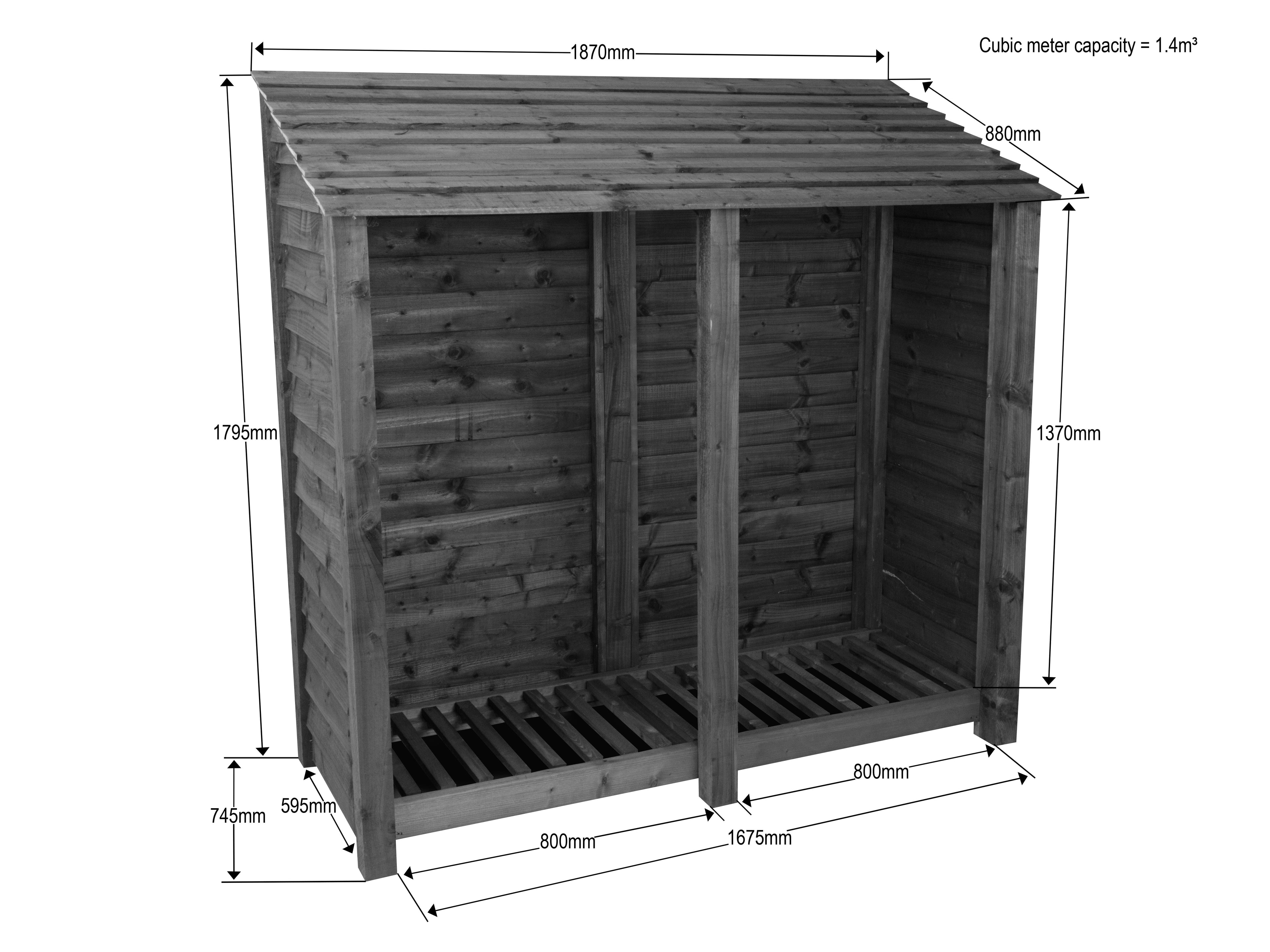 Slatted Wooden Log Store W-187cm, H-126cm or 180cm, D-88cm - Brown Finish