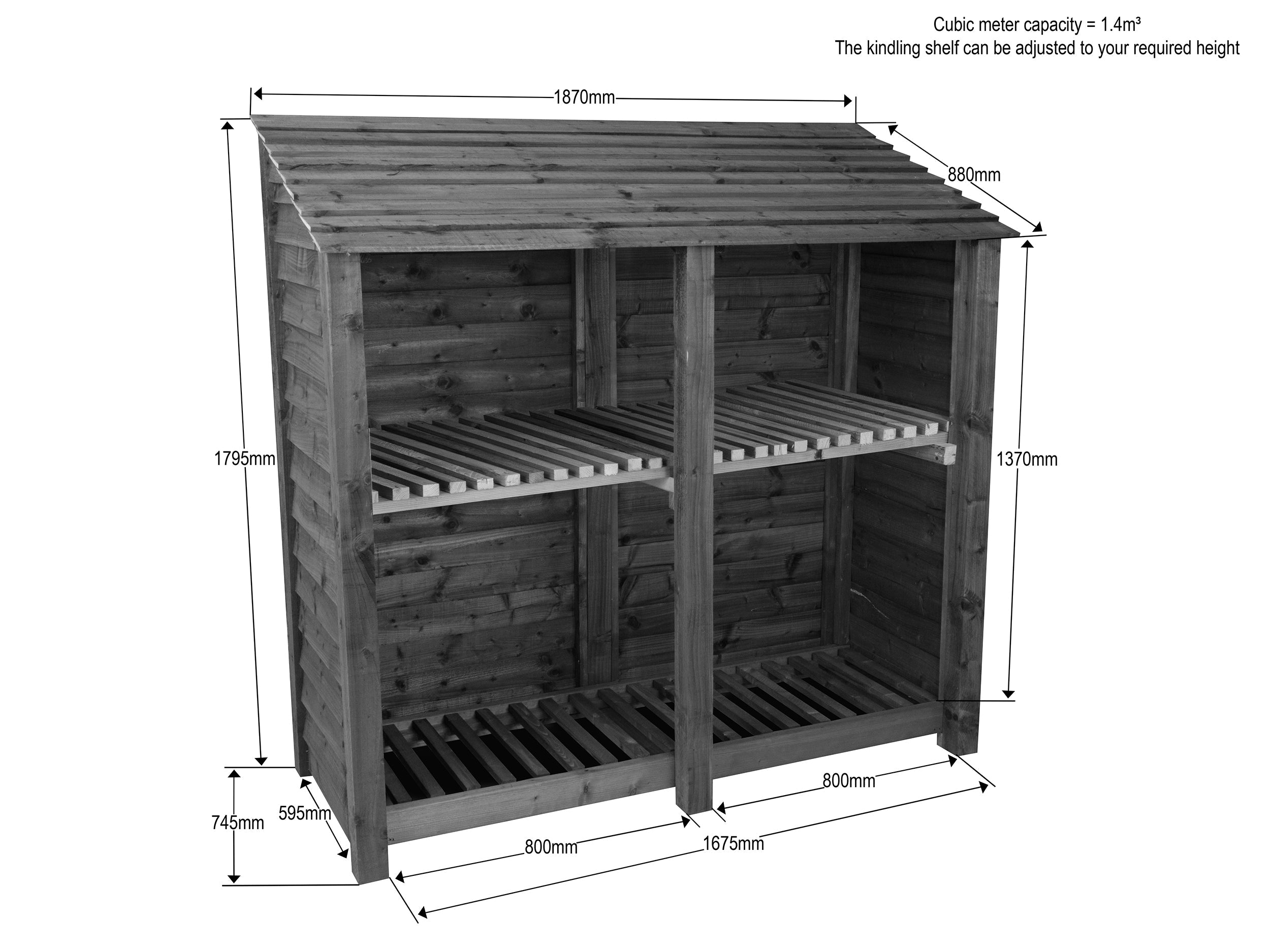 Wooden Log Store with Shelf W-187cm, H-126cm or 180cm, D-88cm