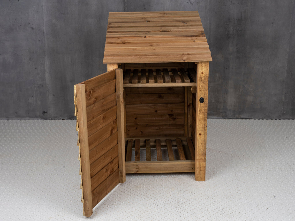 Wooden Log Store with Door and Shelf W-79cm, H-126cm or 180cm, D-88cm - Brown Finish