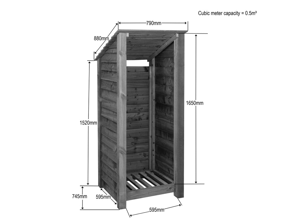 Wooden Log Store (Roof Sloping Back) W-79cm, H-126cm or 180cm, D-88cm - Brown Finish