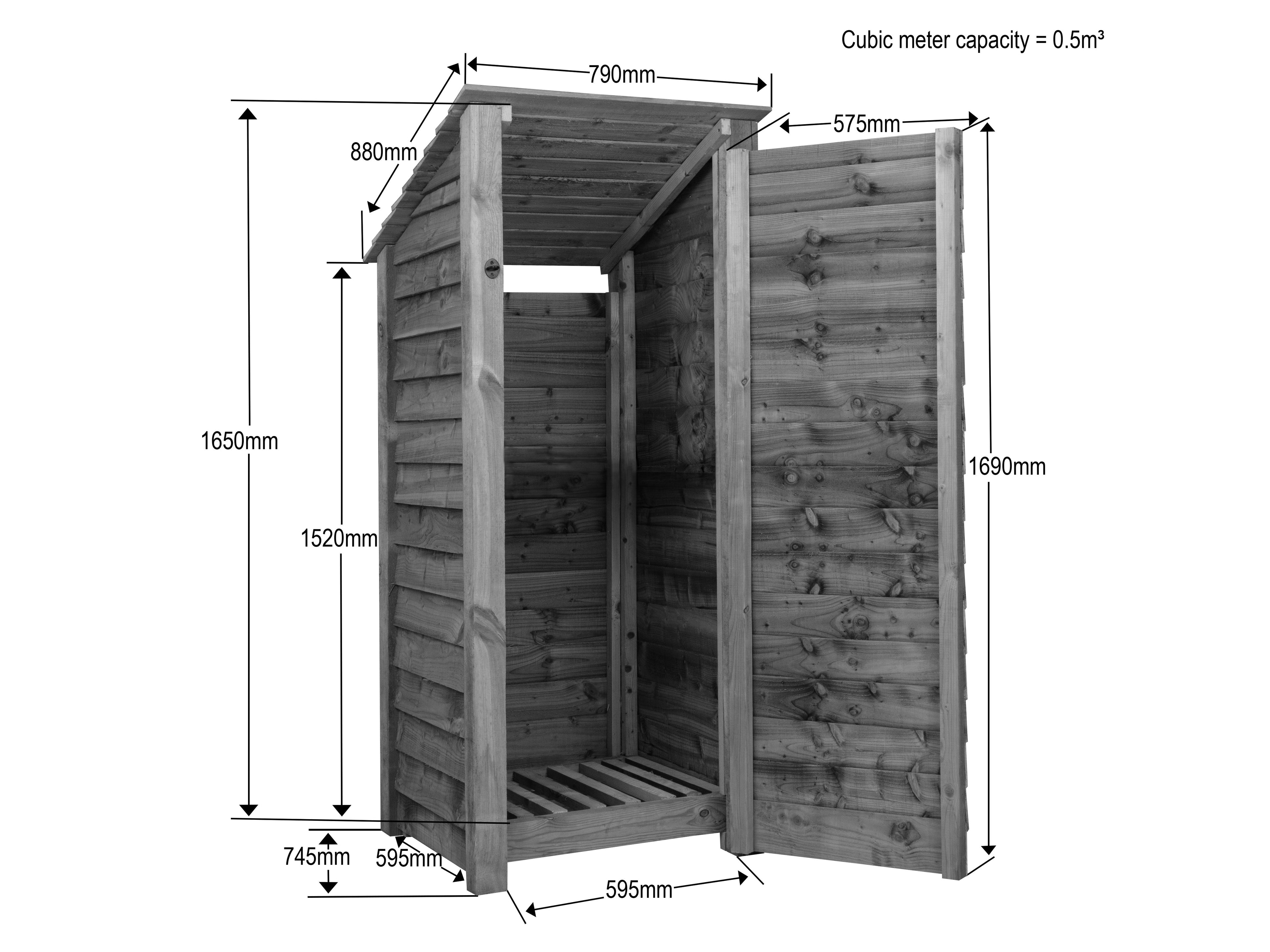 Wooden Log Store with Door (Roof Sloping Back) W-79cm, H-126cm or 180cm, D-88cm - Brown Finish