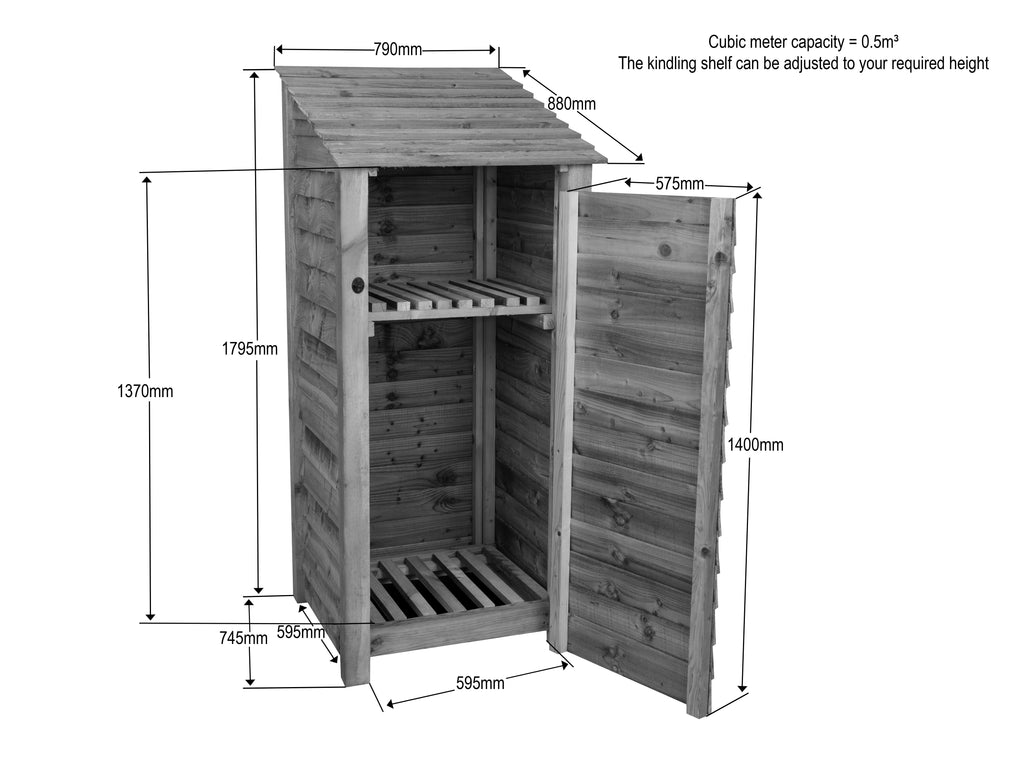 Slatted Wooden Log Store With Door and Shelf W-79cm, H-126cm or 180cm, D-88cm