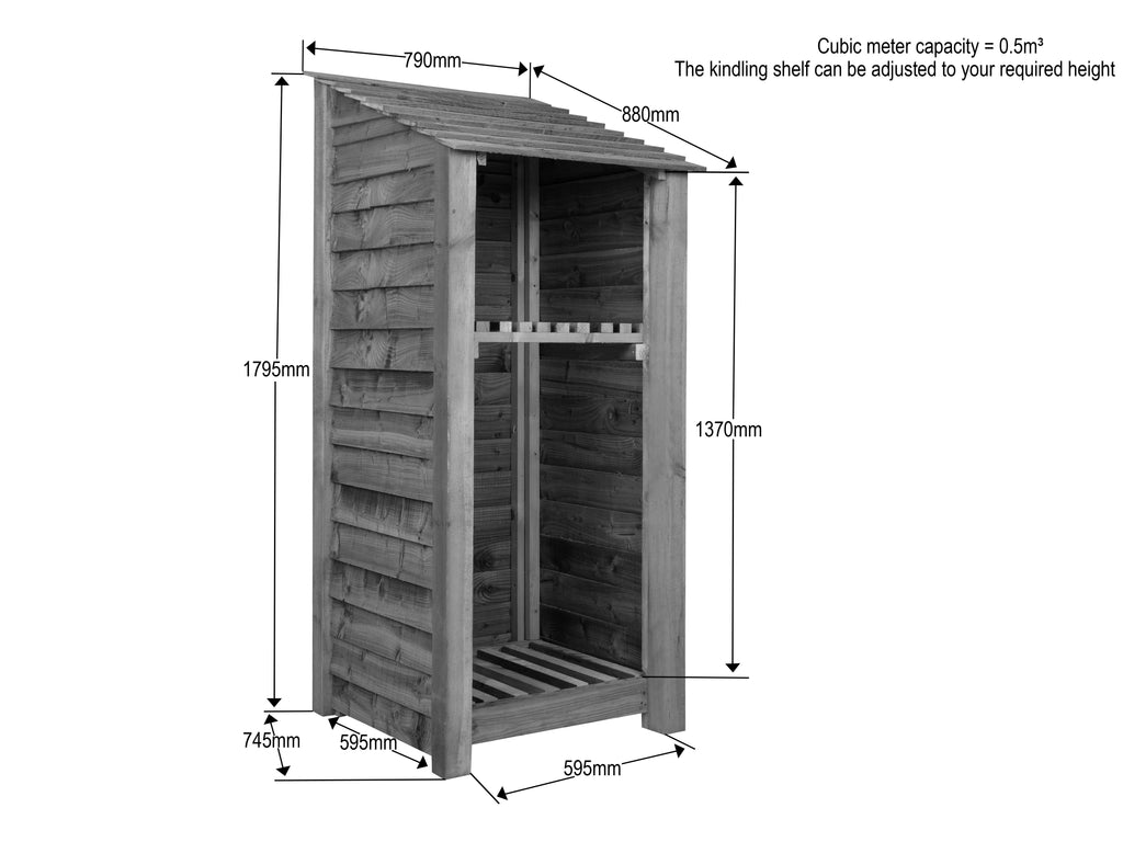 Slatted Wooden Log Store With Shelf W-79cm, H-126cm or 180cm, D-88cm - Brown Finish