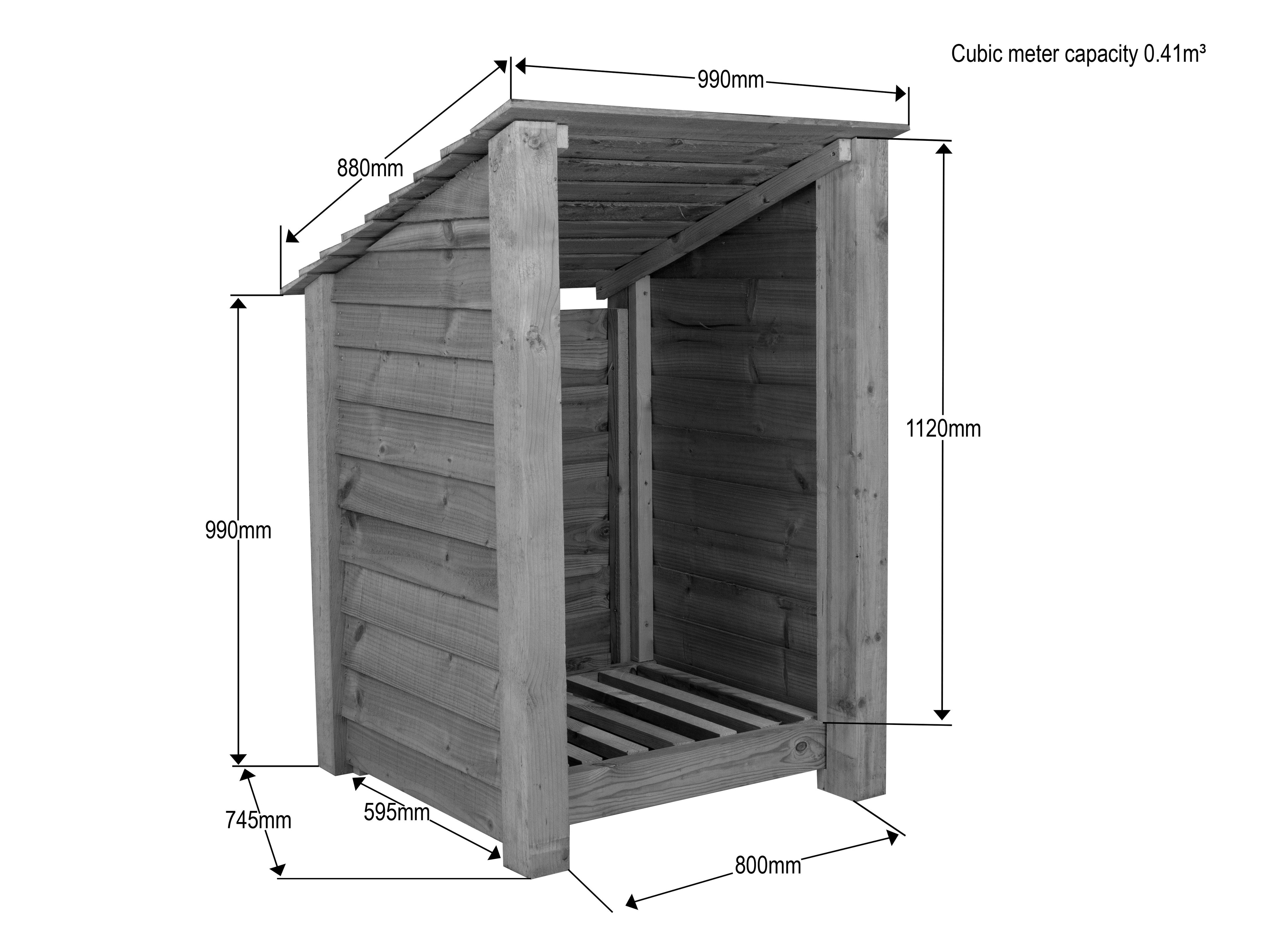 Wooden Log Store (Roof Sloping Back) W-99cm, H-126cm Or 180cm, D-88cm