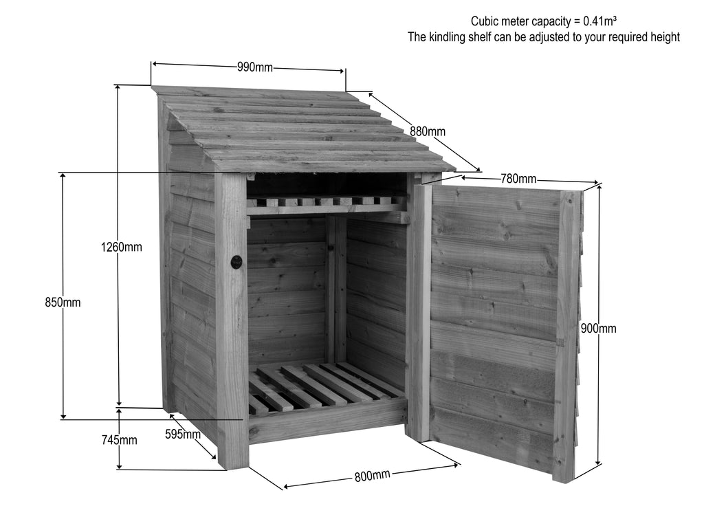 Slatted Wooden Log Store with Door and Shelf W-99cm, H-126cm Or 180cm, D-88cm
