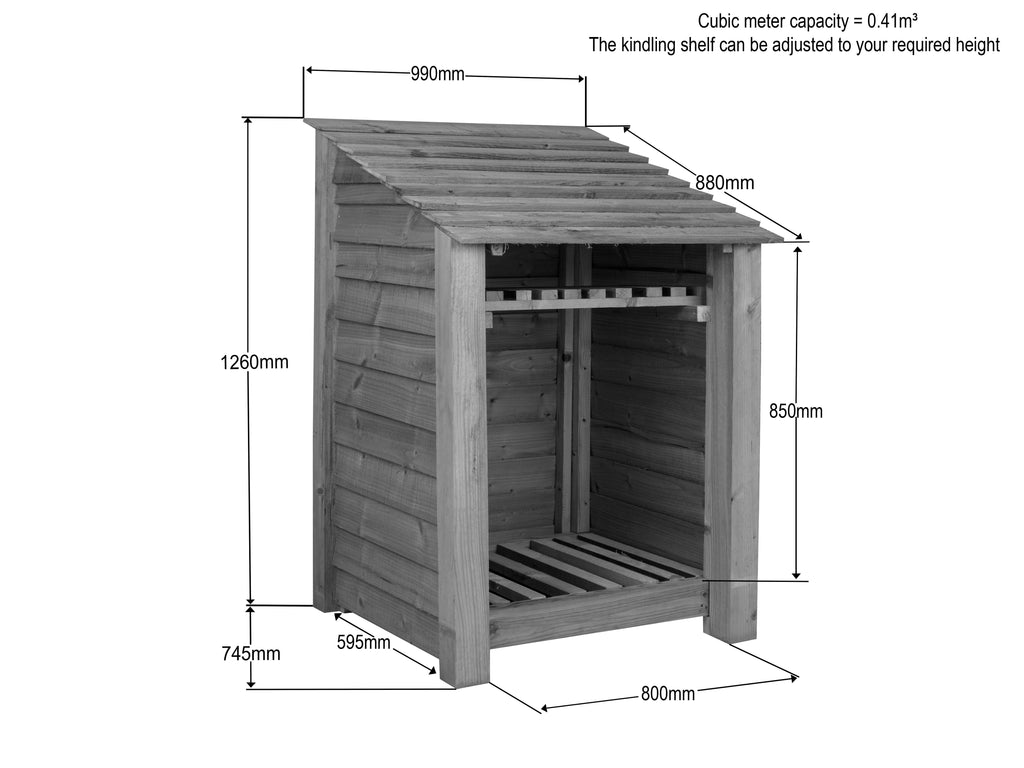 Wooden Premium Tongue/Groove Log Store with Shelf (W-99cm, H-126cm or H-180cm, D-88cm)