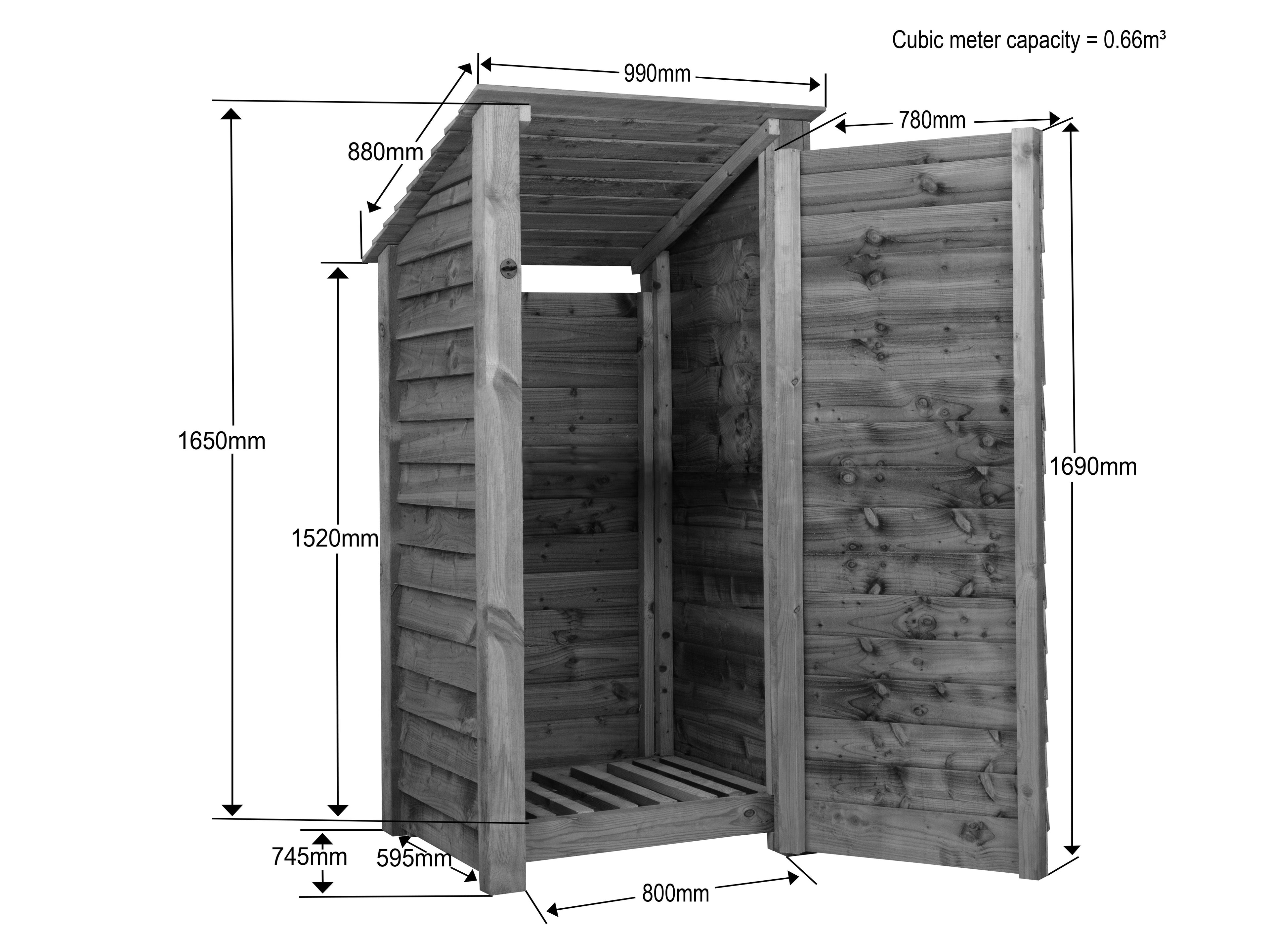 Wooden Log Store with Door (Roof Sloping Back) W-99cm, H-126cm Or 180cm, D-88cm