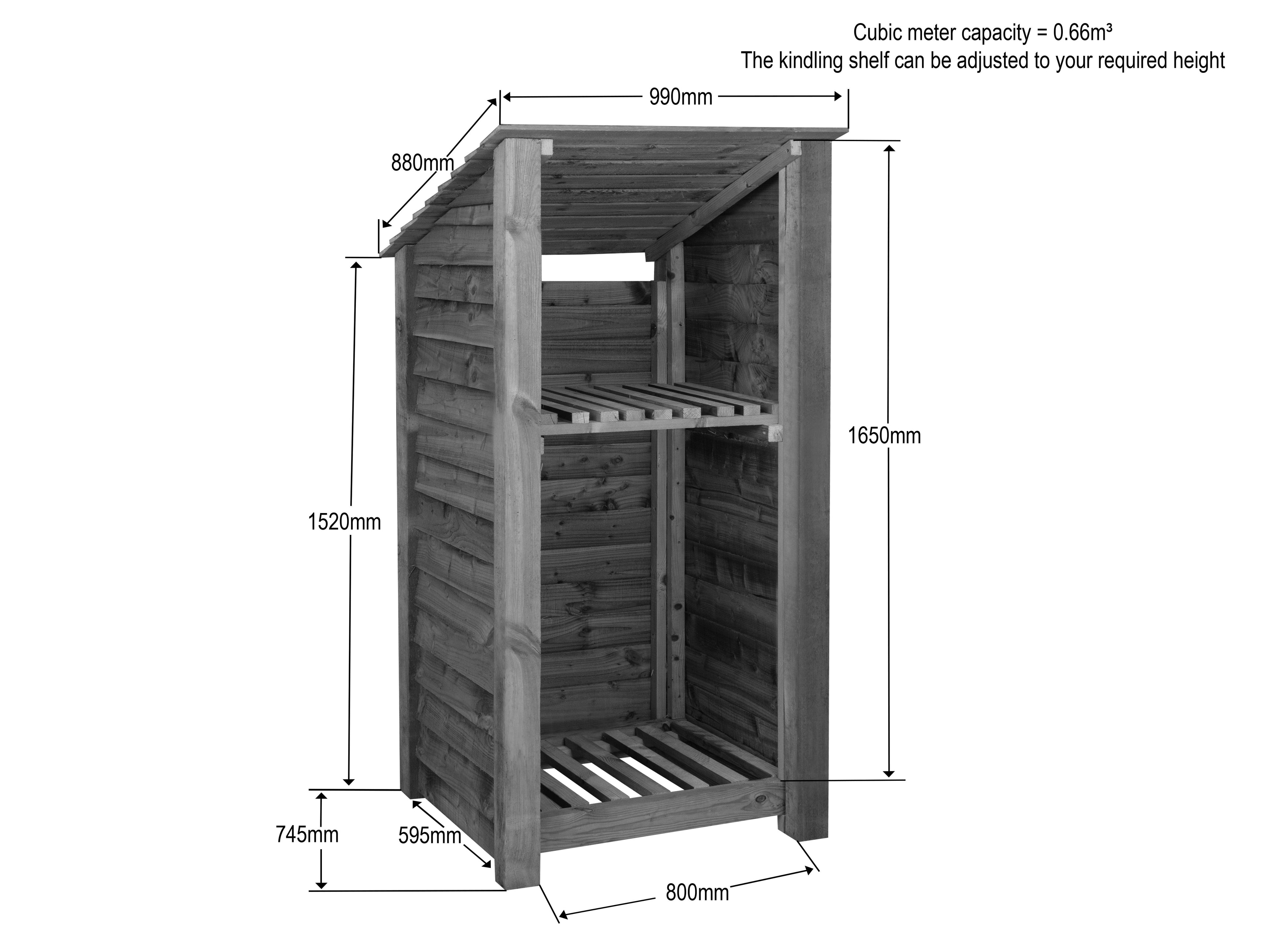 Wooden Log Store with Shelf (Roof Sloping Back) W-99cm, H-126cm Or 180cm, D-88cm