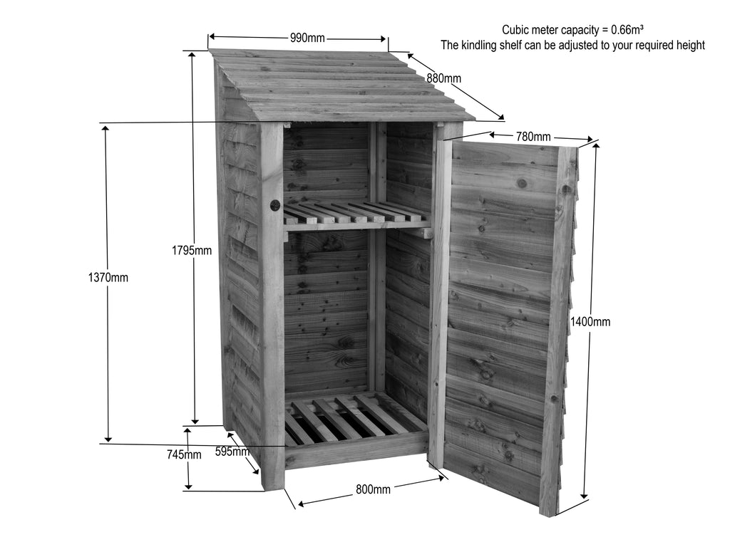 Slatted Wooden Log Store with Door and Shelf W-99cm, H-126cm or 180cm, D-88cm - Brown Finish