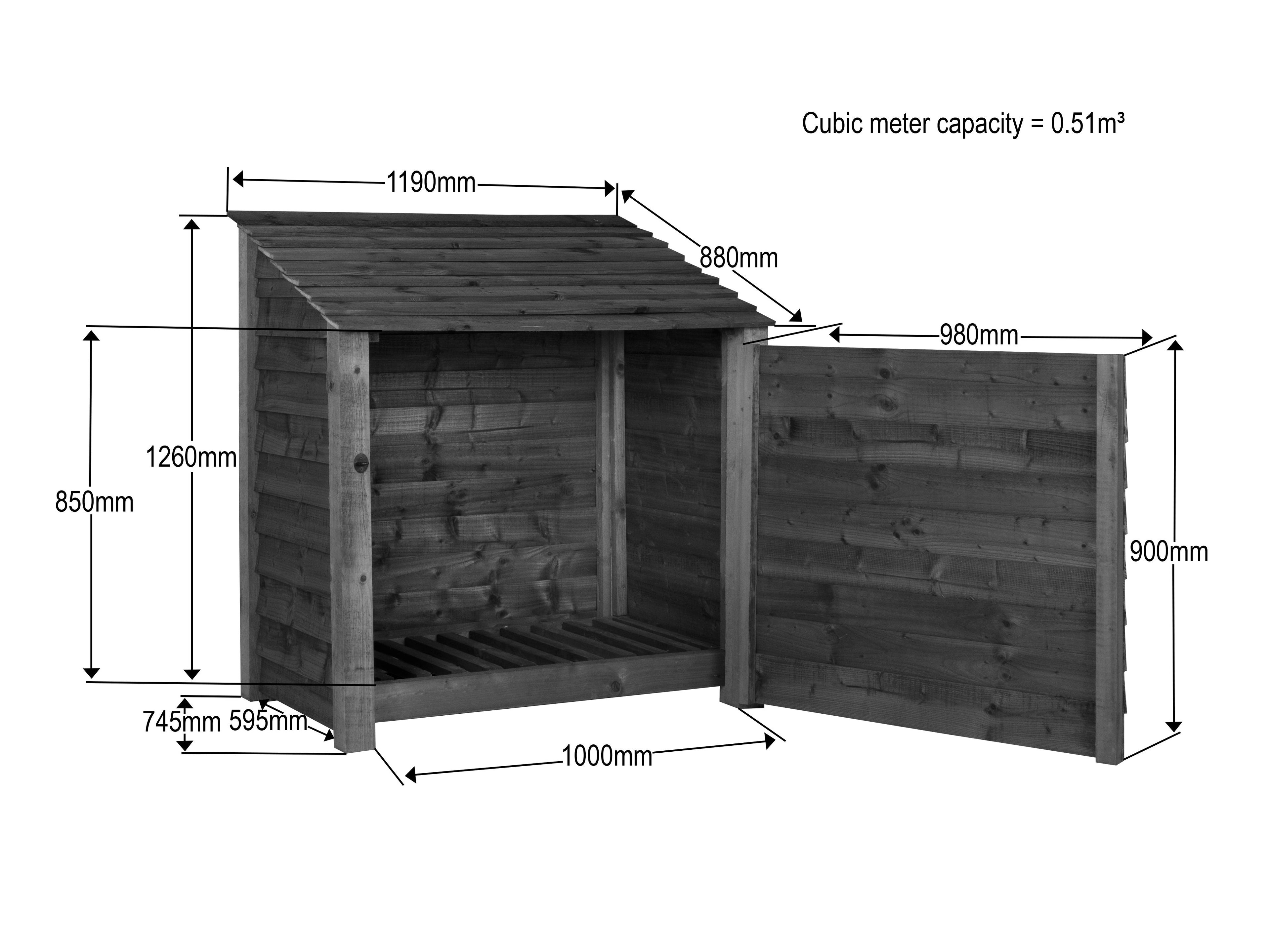 Wooden Log Store with Door W-119cm, H-126cm or 180cm, D-88cm - Brown Finish