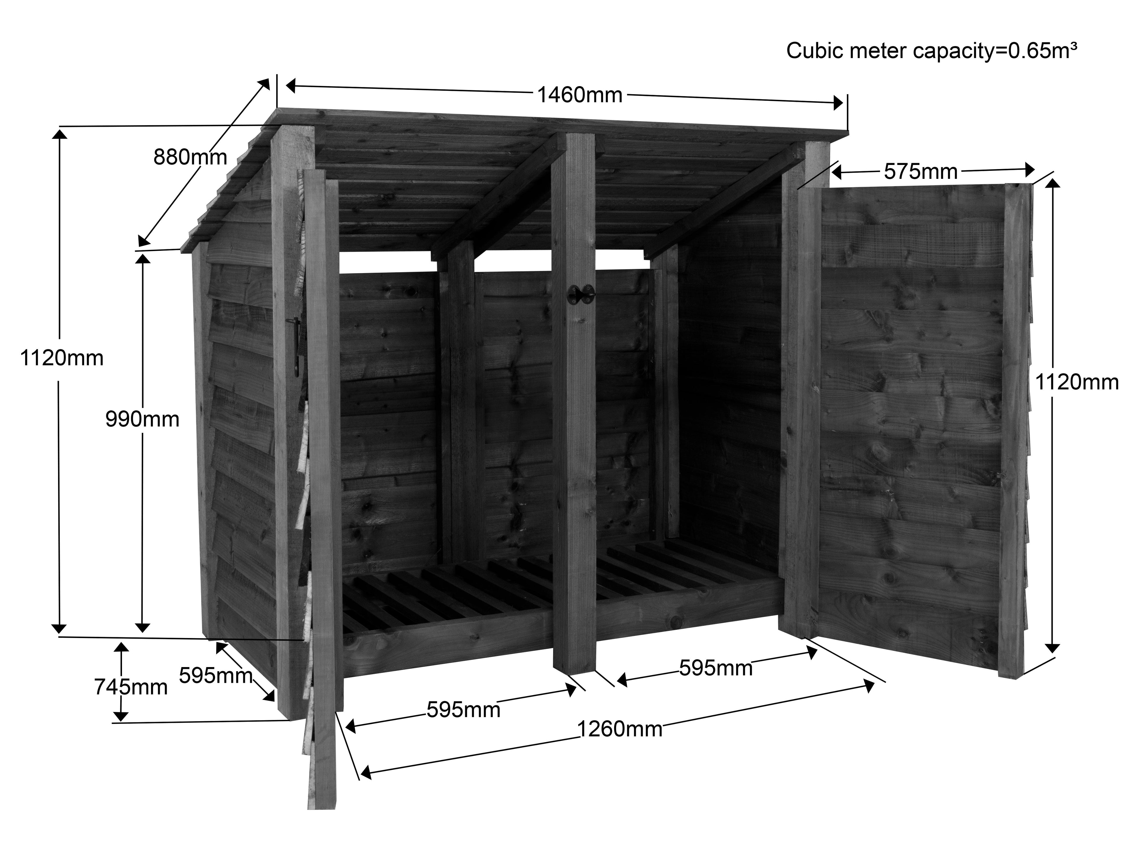 Wooden Log Store (Roof Sloping Back) with Door W-146cm, H-126cm or 180cm, D-88cm