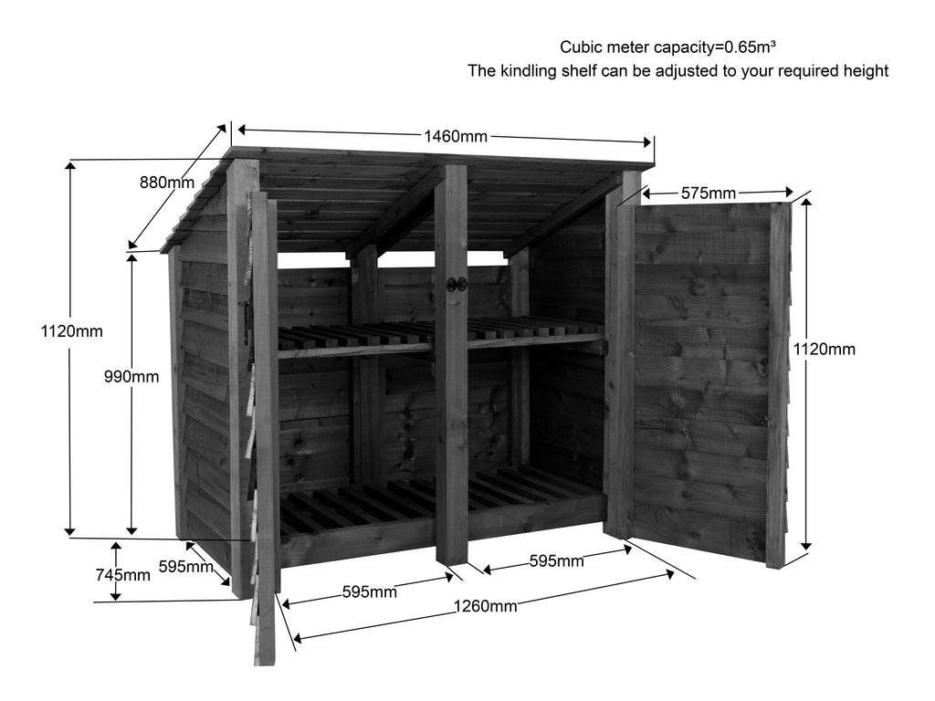 Wooden Log Store (Roof Sloping Back) with Door and Shelf W-146cm, H-126cm or 180cm, D-88cm - Brown Finish