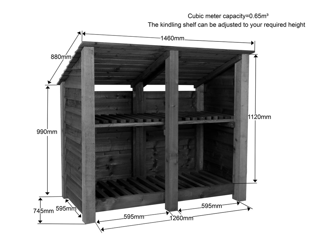 Wooden Log Store (Roof Sloping Back) with Shelf W-146cm, H-126cm or 180cm, D-88cm