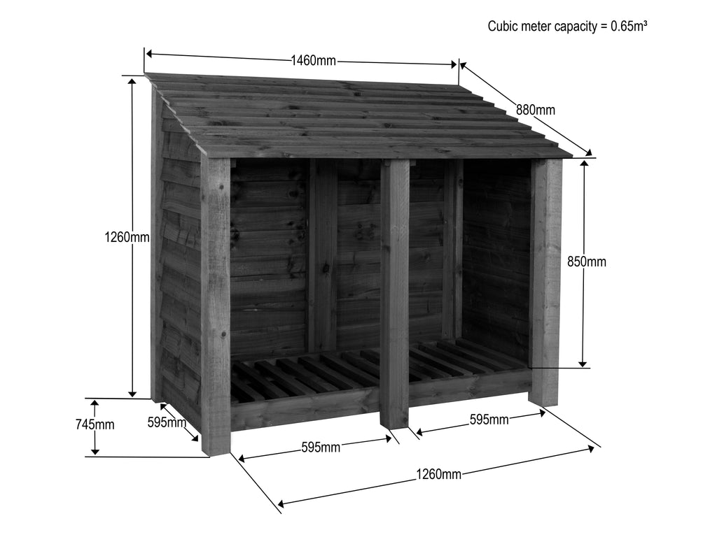 Slatted Wooden Log Store W-146cm, H-126cm or 180cm, D-88cm - Brown Finish