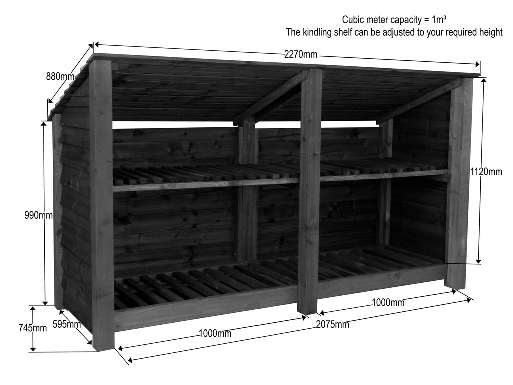 Wooden Log Store (Roof Sloping Back) with Shelf W-227cm, H-126cm or 180cm, D-88cm - Brown Finish