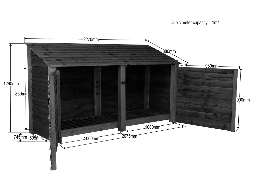 Slatted Wooden Log Store with Doors W-227cm, H-126cm or 180cm, D-88cm - Brown Finish