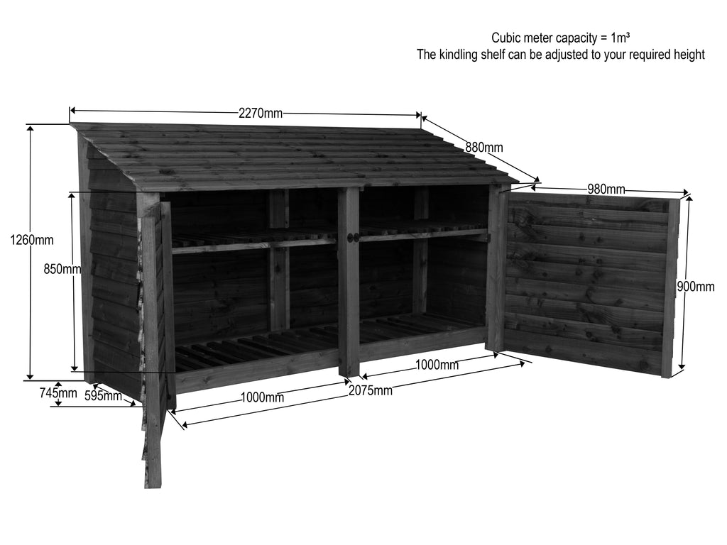Wooden Log Store with Doors and Shelf W-227cm, H-126cm or 180cm, D-88cm - Brown Finish