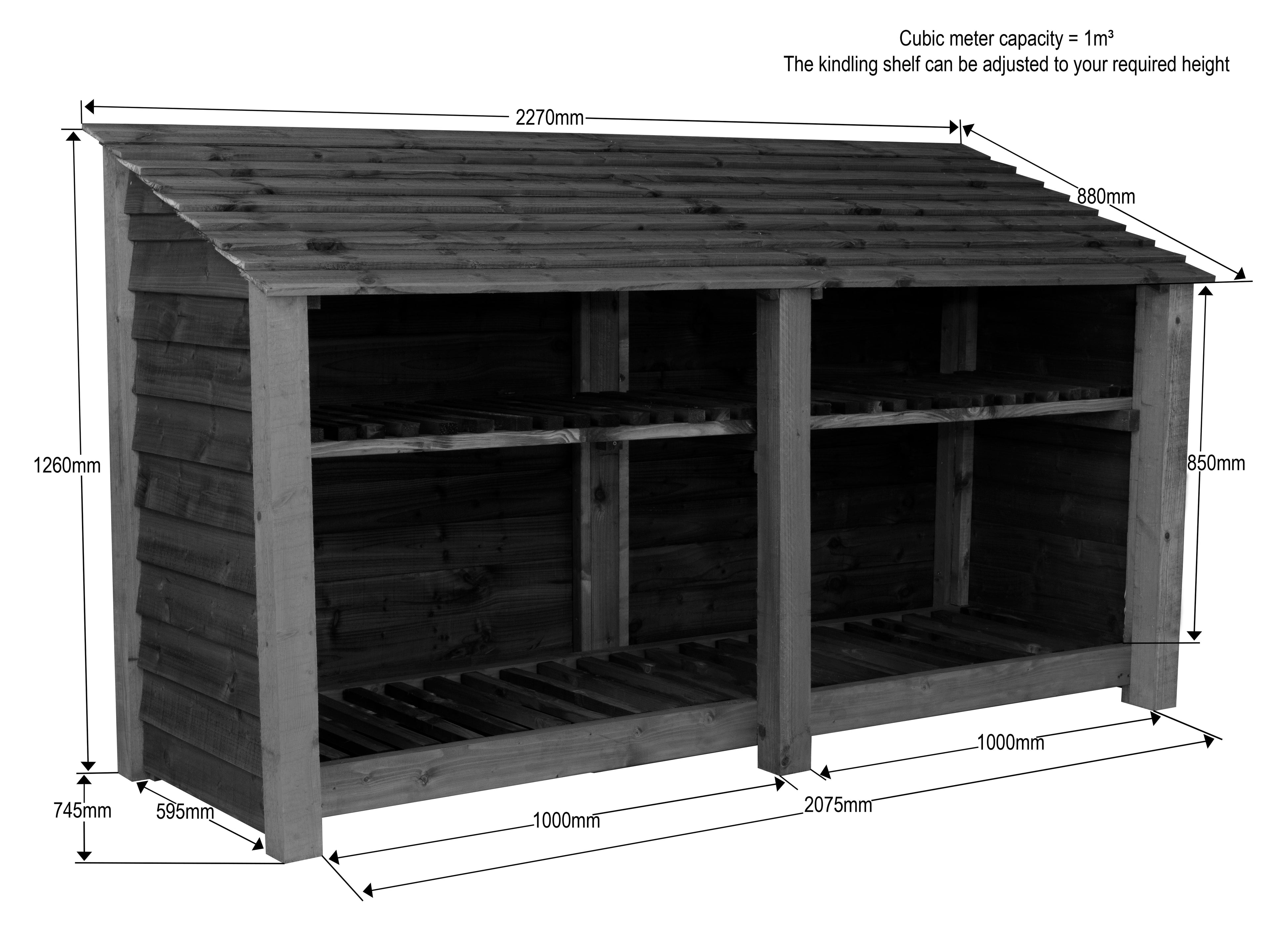 Wooden Log Store with Shelf W-227cm, H-126cm or 180cm, D-88cm