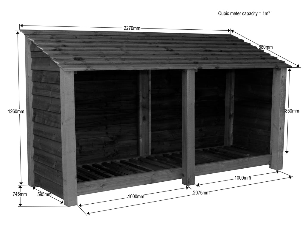 Slatted Wooden Log Store with Shelf W-227cm, H-126cm or 180cm, D-88cm - Brown Finish