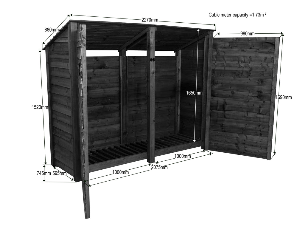 Wooden Garden Tool Storage (Roof Sloping Back) W-227cm, H-126cm or 180cm, D-88cm - Brown Finish