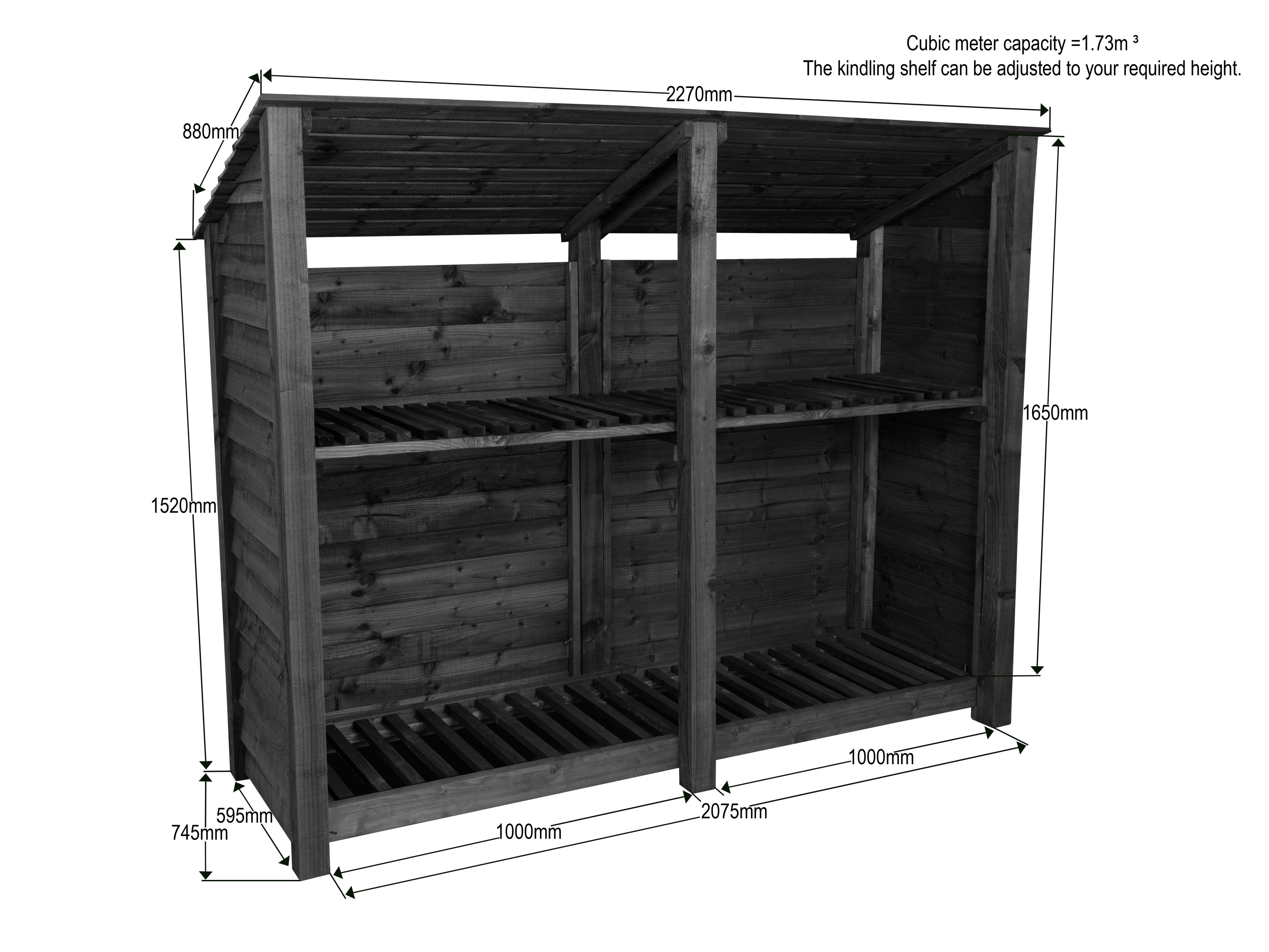 Wooden Log Store (Roof Sloping Back) with Shelf W-227cm, H-126cm or 180cm, D-88cm - Brown Finish